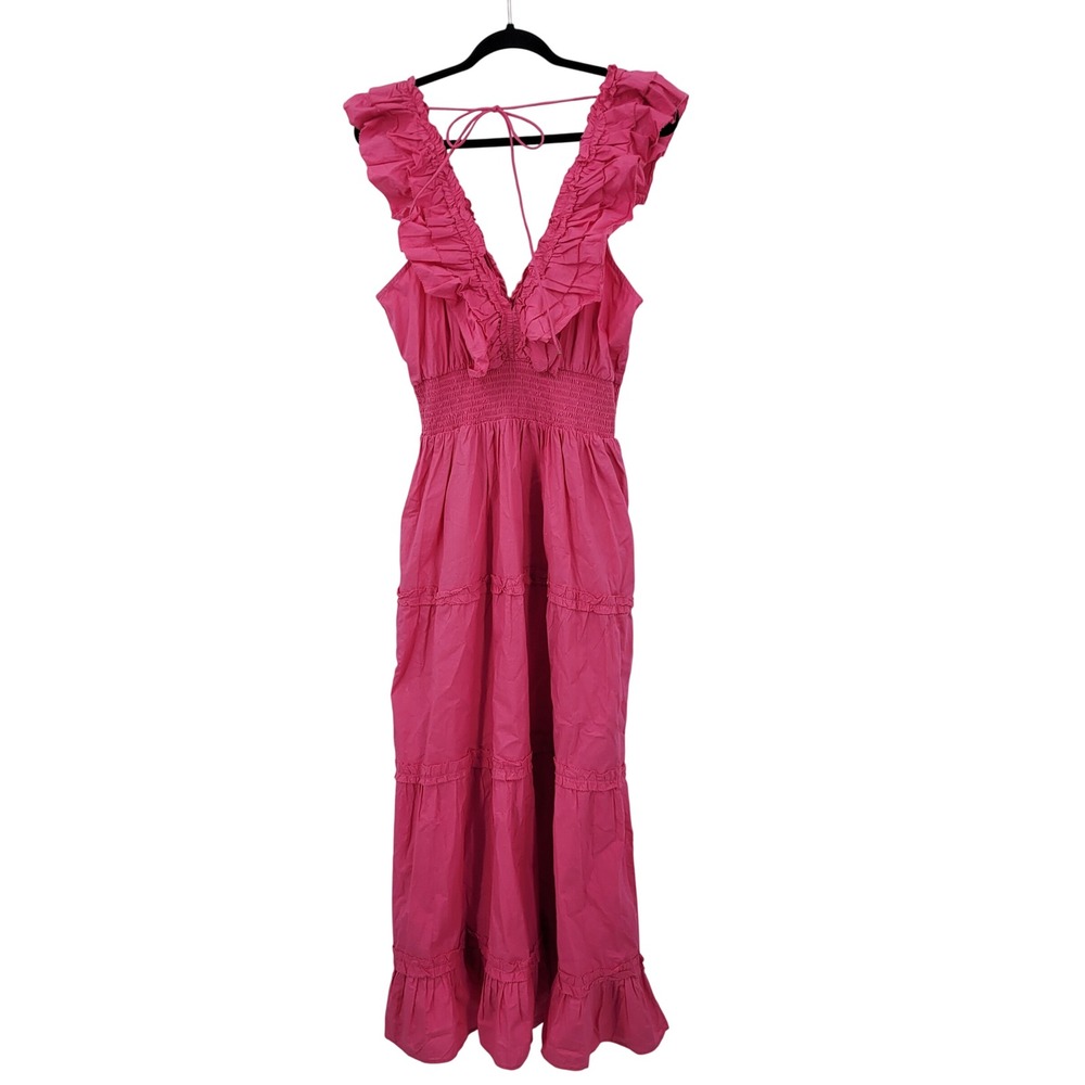 House of Harlow 1960 Pink Ruffle Smocked Maxi‎ Dress Women's Size L Cotton